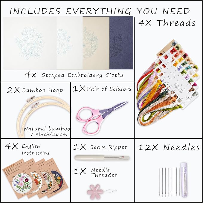 Bonroy 4 Sets Embroidery Kit for Beginners with Instructions,Cross Stitch Kits for Adults with Pattern,Needlepoint Kits for Adult Include Embroidery Cloth Hoops Needles Threads