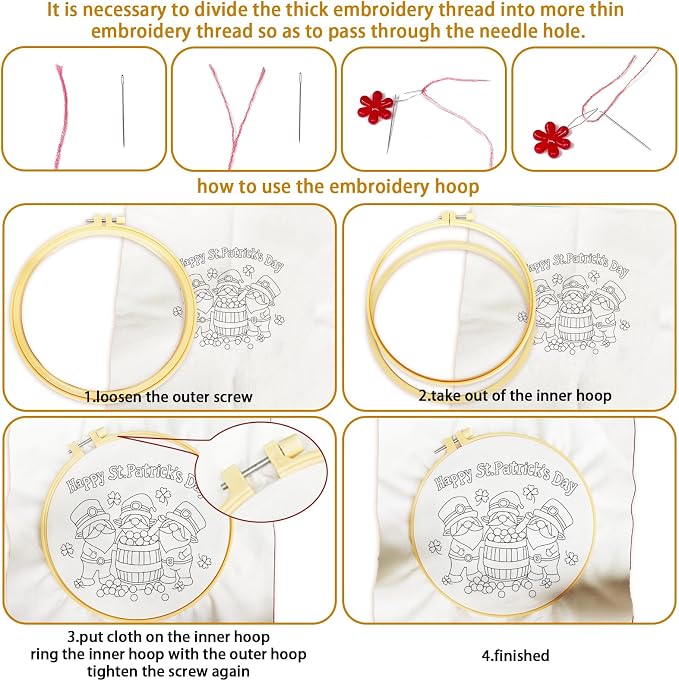 BEUNITONE 4 Set Lucky Clover Pattern Embroidery Kit for Adult Beginners | DIY Complete Needlepoint Kits for Adults, Cross Stitch Starter Kit with Hoops, Handmade Gifts for Fabric Home Decor 20x20cm