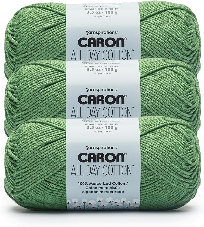 Caron All Day Cotton Yarn for Crocheting, Grass Green, 3-Pack | #4 Worsted Yarn, 100% Mercerized Cotton, Soft Crochet Yarn for Knitting, Amigurumi & Crafts, 173yds, 100g/3.5oz per skein