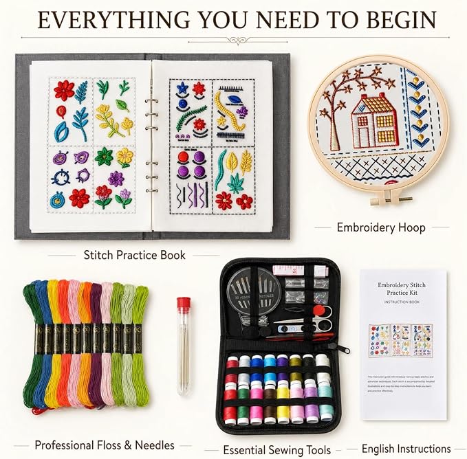 Embroidery Kit for Beginners, 138-Pattern Embroidery Stitch Book with Hoop & 89-Piece Tool Set, Portable Loose-Leaf Hand Embroidery Starter Kit for Adults & Teens, Home, Travel and Craft Classes