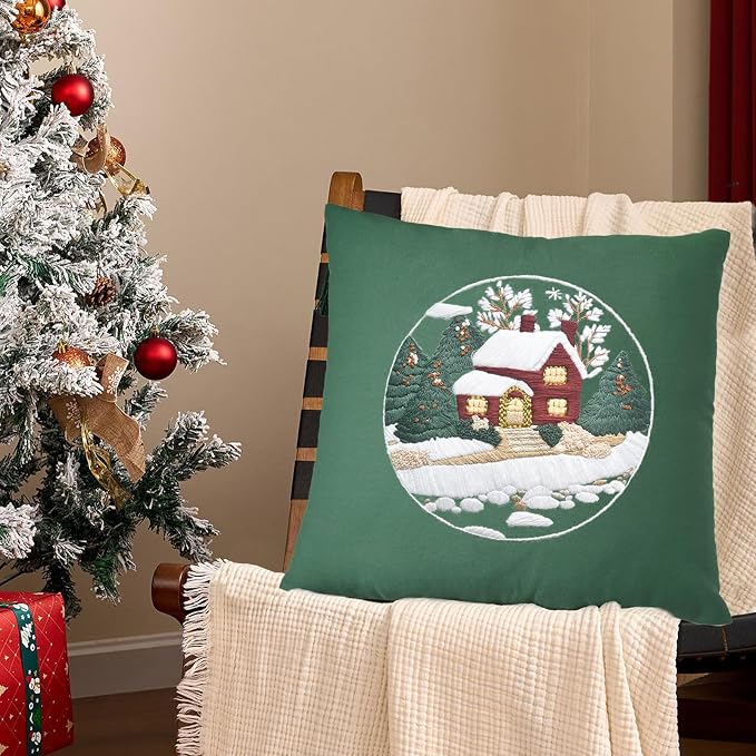 FONNUY Christmas Embroidery Kit for Beginners, Throw Pillow Case Cross Stitch Set Winter Snow House Holly Tree Pattern for Adults, Hand Works Crafts Throw Pillow Cover, 18 x 18'' (Green)