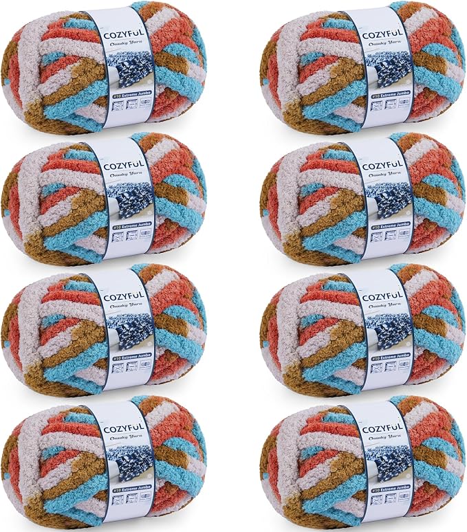 Cozyful Chunky Yarn for Hand Knitting - #10 Chunky Chenille Blanket Yarn, Jumbo Big Thick Chunky Yarns for Crocheting, Tie Dye Bulky Knit Yarns, 8 Skein (20 yds 8 oz Each Skein), Orange&Mustard&Beige