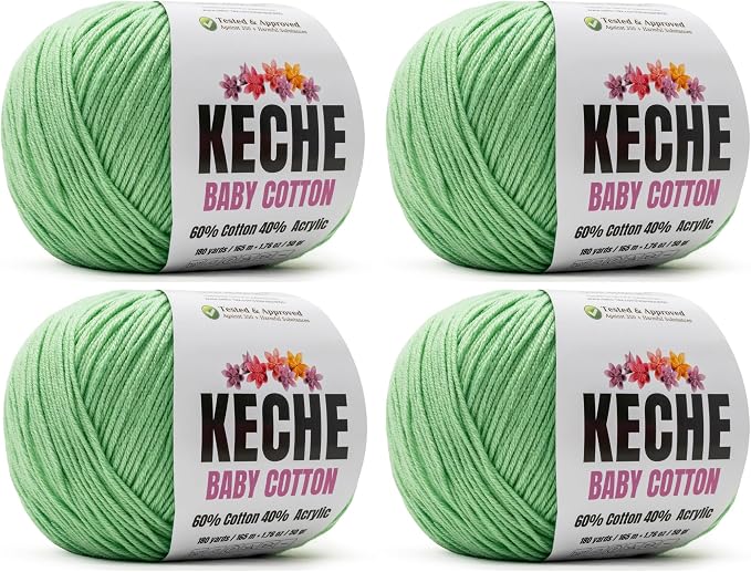 Keche Baby Cotton, 60% Cotton 40% Acrylic Yarn, Soft Cotton Yarn for Crochet and Knitting, Amigurumi Yarn 4 Skeins/Balls [1.76 Oz (50g) / 180 Yrds (165m)] x 4 - Mint Green