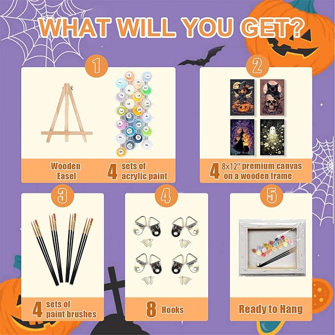 Halloween Paint by Numbers for Adults with Framed Canvas - Wooden Easel | 4 Pack Paint by Number on Canvas, DIY Halloween Acrylic Oil Painting Kits with Brushes for Home Wall Decor (8x12 inch)