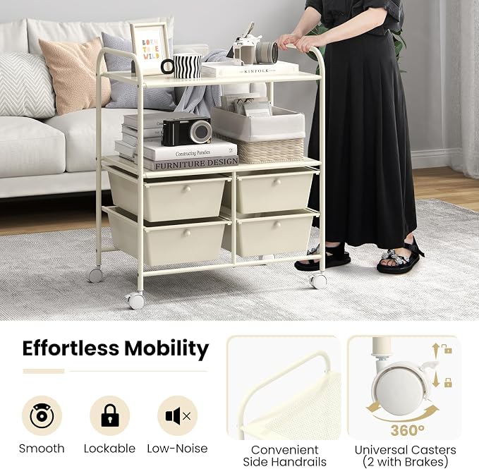 Giantex Rolling Storage Cart w/ 4 Drawers 2 Shelves Metal Rack Shelf Home Office School Beauty Salon Utility Organizer Cart with Wheels, Ivory