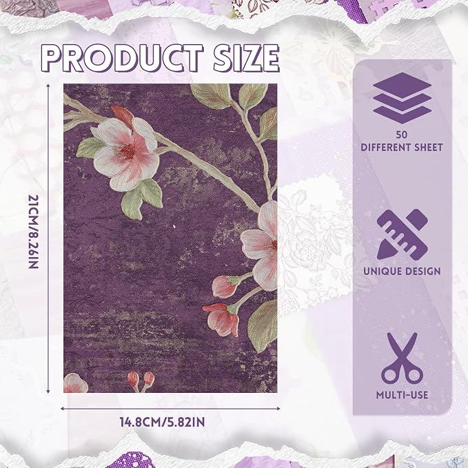 50 Sheets Unique Handmade Textured Scrapbook Paper & Mesh Fabric Set - Junk Journal Supplies Craft Paper for Scrapbooking Journaling Supplies for Junk Journal Retro Crafts（Purple）