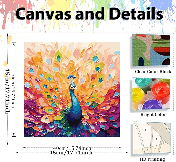 Paint by Number for Adults, Paint by Numbers Kit for Adults 16x16 Inch | Peacock Paint by Numbers Kit for Adults, Acrylic Painting by Numbers, DIY Arts and Crafts for Gifts or Home Decor