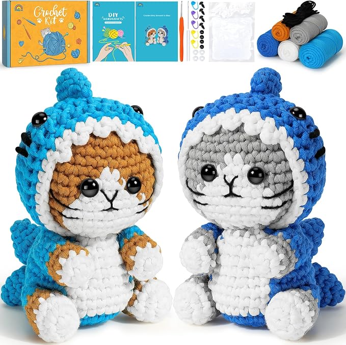 Fortuning's JDS Crochet Kit for Beginners, 2 PCS Shark Cat Crochet Kits