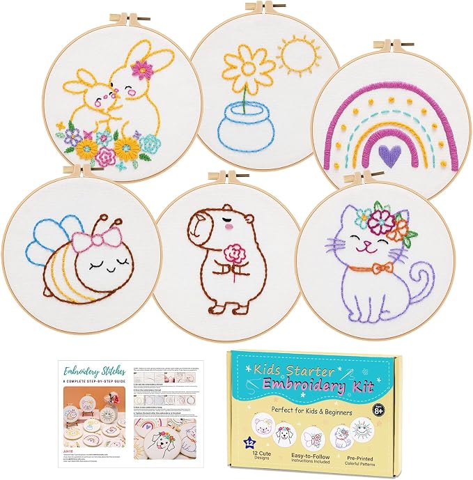 Nuberlic Embroidery Kit for Kids Ages 8+, 12 Pre-Stamped Crafts