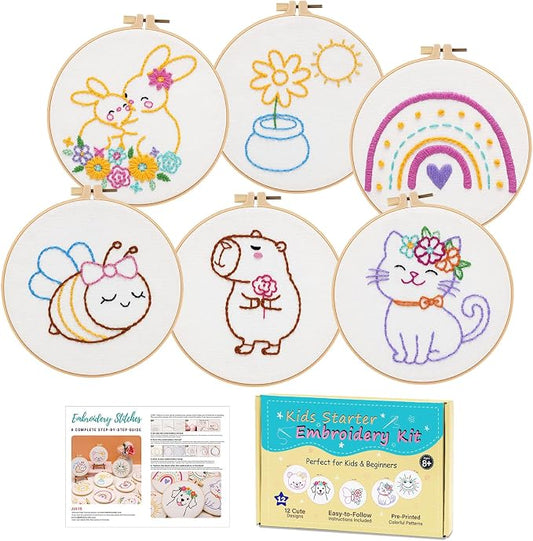 Nuberlic Embroidery Kit for Kids Ages 8+, 12 Pre-Stamped Crafts