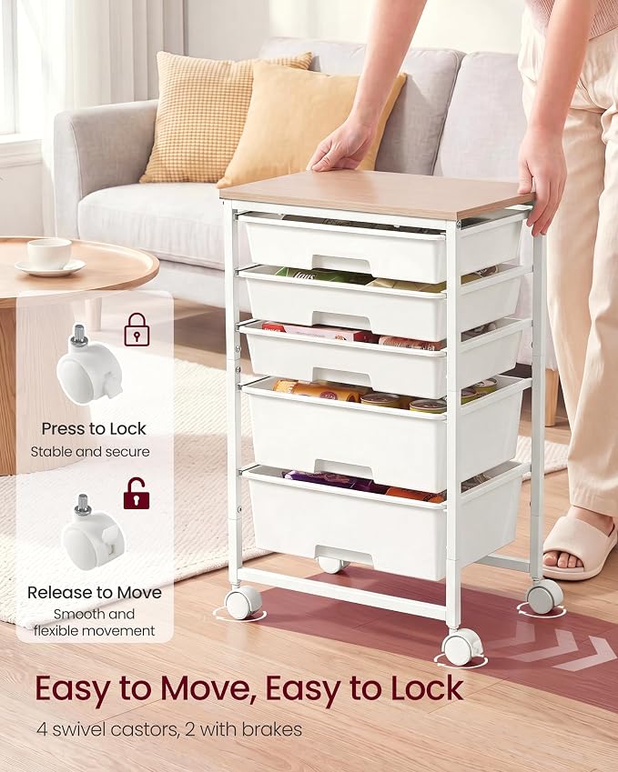 VASAGLE Rolling Cart with Drawers,5 Drawers Storage Cart, White