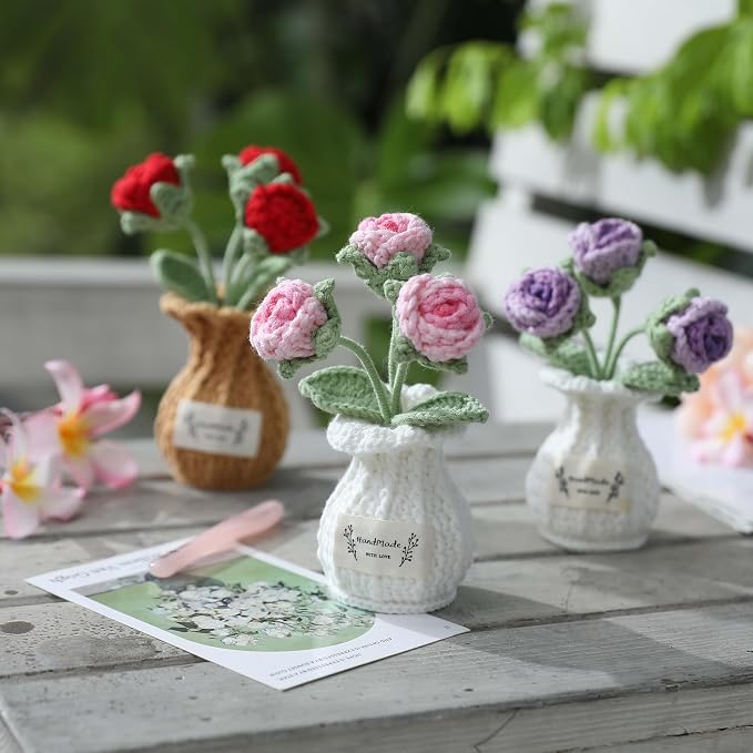 Crochet Rose Flower Potted Plant – Pink, for Her, Handmade Knitted Romantic Desk Decor