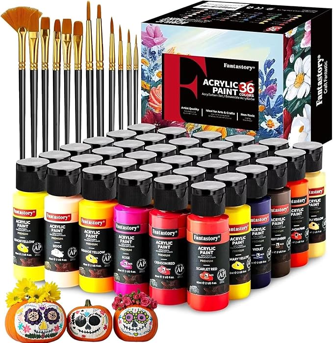 Fantastory 60ml 36 Colors Acrylic Paint Set with 12 Brushes | Professional Series, Thick Paints for Adults, Canvas, Wood, Fabric, Ceramic, Rock Painting