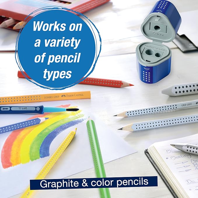 Faber-Castell Grip Trio Manual Pencil Sharpener (Red or Blue) - Graphite, Jumbo and Colored Pencil Sharpener