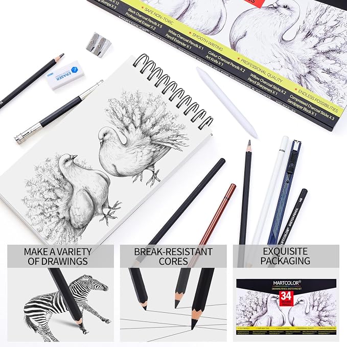 MARTCOLOR Drawing Sketching Pencils Set, 34 Pieces Graphite Pencil (14B-4H) | Pro Art Pencil Kit with Charcoal Pencils, Charcoal Sticks, Artist Pencils for Beginners & Pro Artists