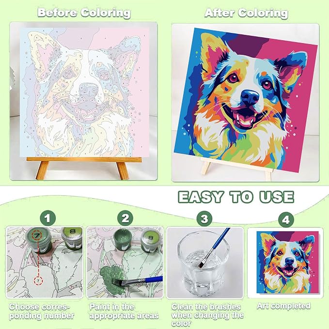 ajepon Dog Paint by Numbers Kit for Kids with Frame - Dog Paint by Number for Kids, Kid Painting by Number Kits Age 6-8 for Home Wall Decor 8X8inch (with Wooden Easel)
