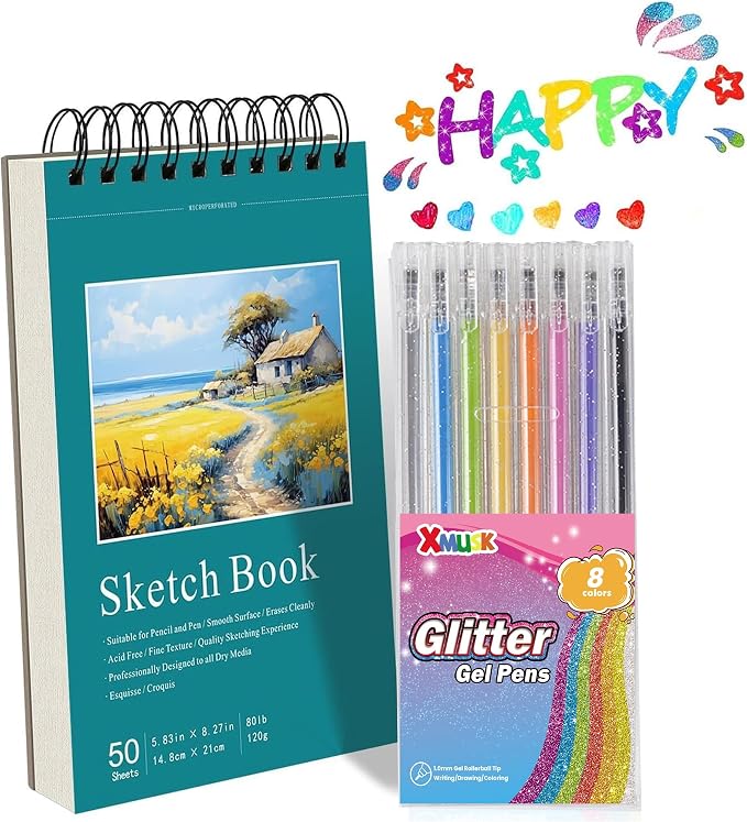 Xmusk 8 Colors Glitter Gel Pens Set with A5 Sketchbook (50 Sheets 120gsm)