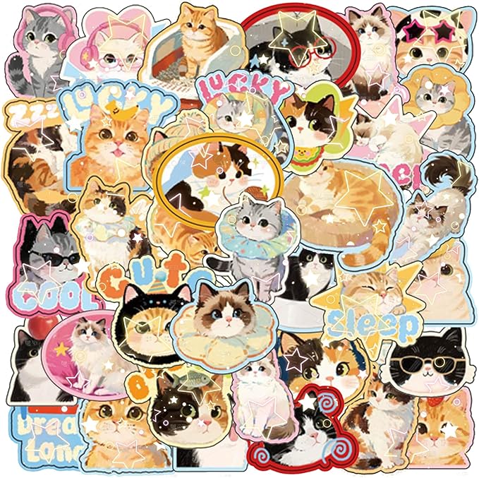 120Pcs Holographic Cat Stickers with Iridescent Finish Cute Kitten Vinyl Decals for Laptop Water Bottle Scrapbook Phone Case Waterproof Animal Stickers for Adults Pet Lovers
