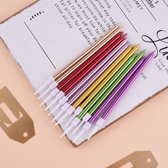 PHD CAKE Colorful Long Thin Metallic Birthday Candles, Gold Champagne Rose Gold Green Red Purple, Cake Candles, Birthday Parties, Wedding Decorations, Party Candles