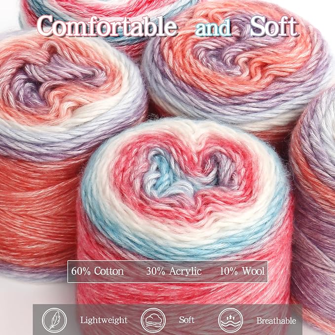 Katech 4 Pack Gradient Cake Yarn for Crocheting-Fairyland Multicolor Yarn | 100g/3.52 oz-DK Light Weight #3-60% Cotton 30% Acrylic 10% Wool-Perfect for Scarves, Shawls, Blankets and Garments(M)