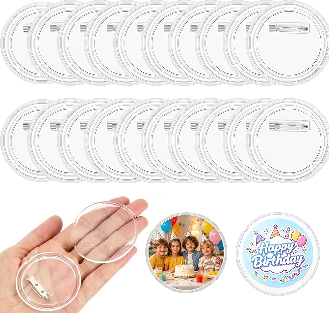 Clear Button Pins Plastic for Crafts - 20 Pack Circle Acrylic Round Button DIY Design, Blank Pins Bulk, Photo Pin Making Kit for Badge Maker DIY Crafts Supplies (2.36 Inch)