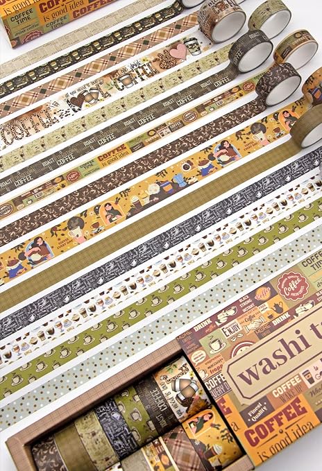 Coffee Themed Washi Tape Set, 14 Rolls Vintage Crafts Tape, Art Decorative Tape for Scrapbooking Supplies, Junk Journal, Bullet Journaling, Vision Board Supplies