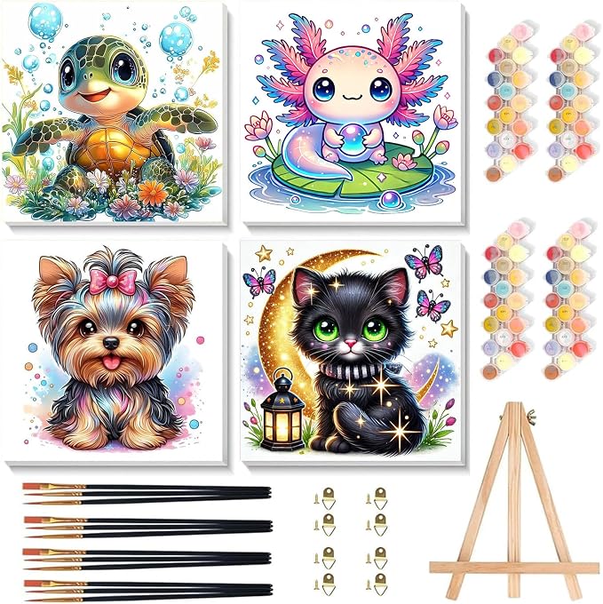 cviokrdu 4 Pack Paint by Numbers Kit for Kids with Frame - Wooden Easel, Animal Paint by Numbers for Kids Ages 4 8 12, Easy Animals Acrylic Oil Painting Kits for Home Wall Decoration 8x8 inch