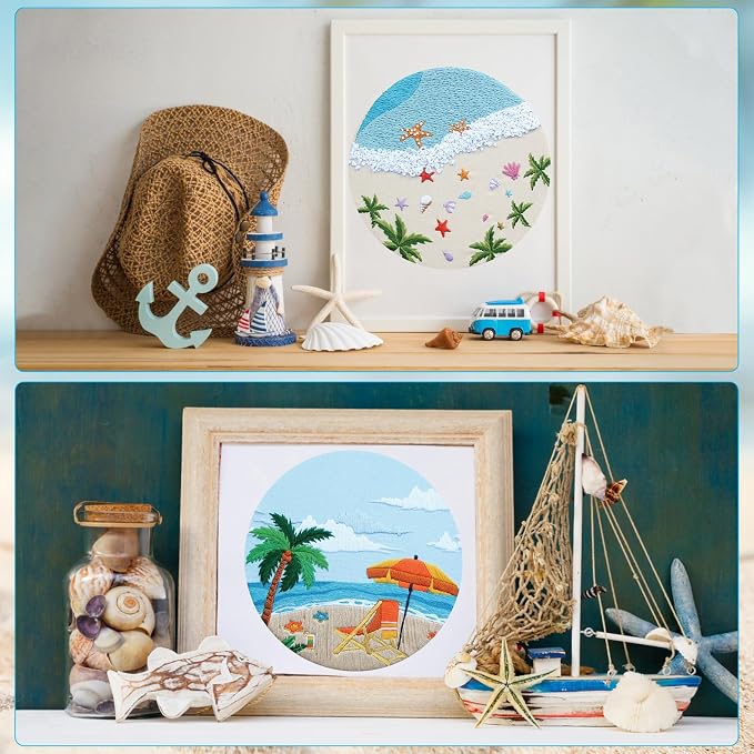 4 Set Ocean Embroidery Kit for Beginners Adults Embroidery Starter Kit Ocean Beach Pattern Spring Summer Hand Crewel Embroidery Kit Cross Stitch Kit Include Instruction 2 Hoops Color Threads Needles
