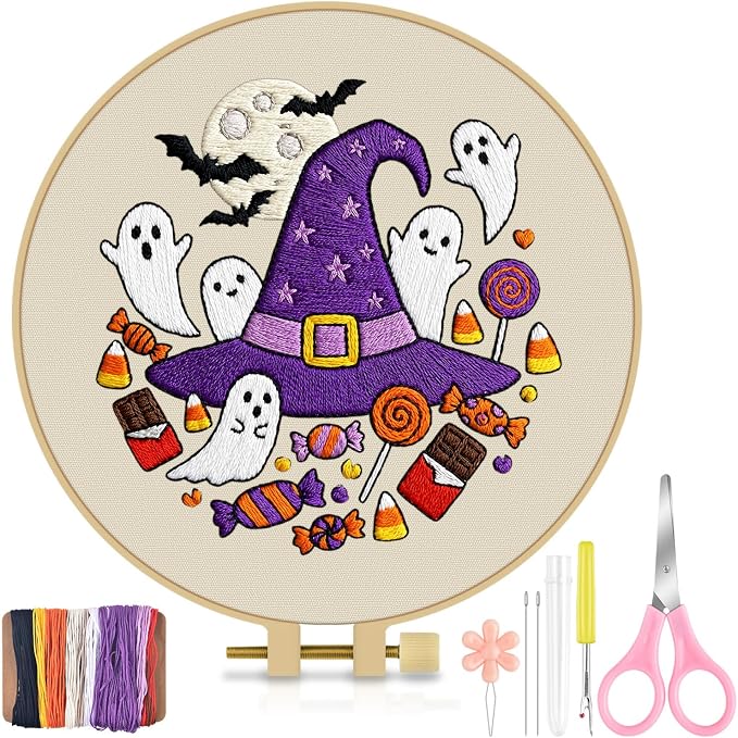 TINDTOP Halloween Embroidery Kit for Adult, Embroidery DIY Starter Kit, with Stamped Patterns, Hoop, Tools, Colorful Threads with Needles, Instructions (Halloween C)