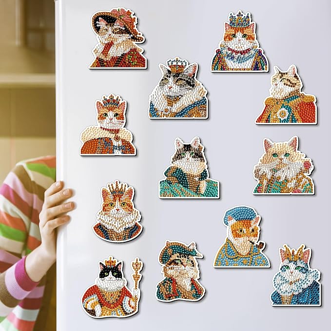Zonon 12 Pcs Cat Diamond Magnets Fridge, Cute Kitten Decor Stickers Set | Diamond Painting Art Style, Magnetic Back for Refrigerator Surfaces, Cute Animal Characters, Kitchen Home Decor