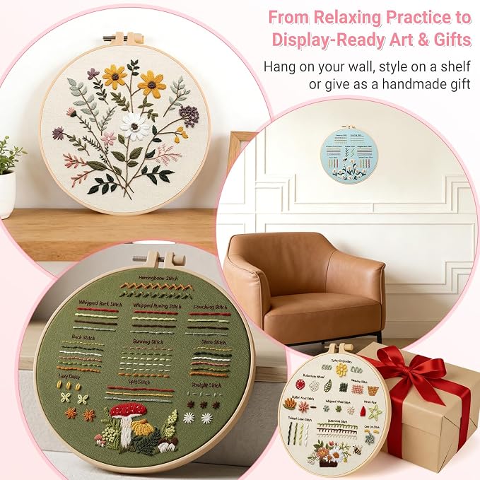 ZenHues Embroidery Kit for Beginners Adults with Level 0 Practice Sampler, 5 Pre-Printed Patterns & Video Tutorials with 7.8" Hoop, Learn 30+ Stitches, DIY Needlework Craft Gift for Women