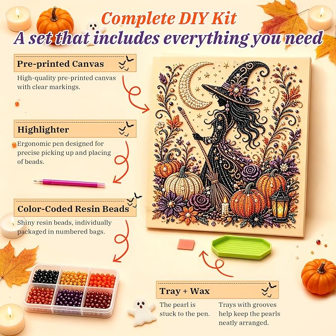 Halloween Ghost Pearl Art DIY Kit,Cute 3D Pearl Mosaic Craft Set for Adults & Beginners,Spooky Ghost Pumpkin Canvas Art for Fall Home Decor,Wall Art for Gift