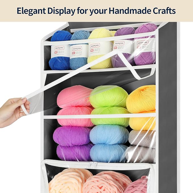 Yecaye Hanging Yarn Storage Organizer with 6 Zippered Closure Compartments, Heavy Duty Stuffed Animal Storage with Clear PVC, Dustproof Yarn Holder for Crocheting Storage, Warm Grey 6 Tier