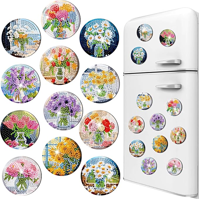 Zonon 12 Pcs Wildflower Bouquet Diamond Art Refrigerator Magnets | Flowers Diamond Painting Kits for Adults,Floral Magnet Stickers,Lavender Sunflower Daisy Crystal Art Ornaments,DIY Craft Gift
