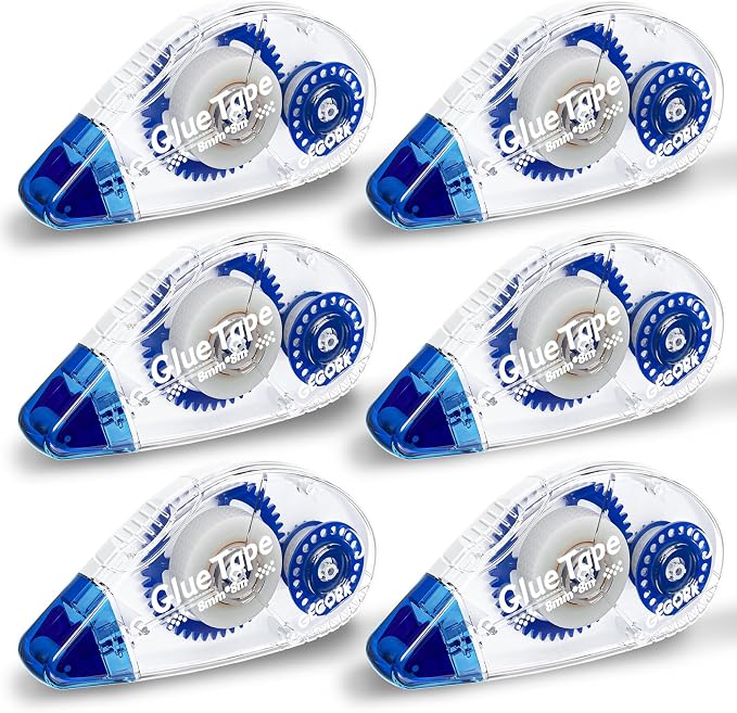Gecork Double Sided Glue Tape Roller 156 ft Total, 6-Pack, Blue | 0.3 in x 26 ft Quick-Dry Tape Runner, Strong Adhesive & Lasting Bond, For Scrapbooks, Journals, Office, School Arts & Crafts