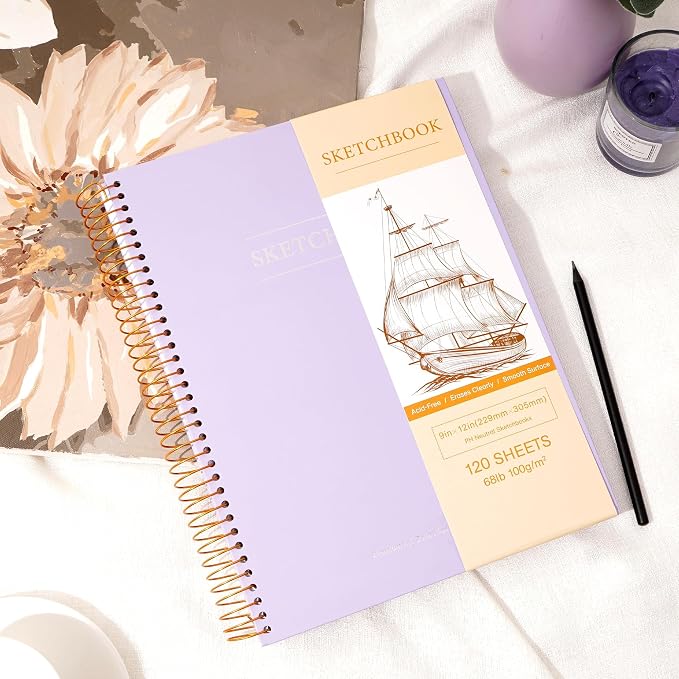 Yoment 9"x12" Hardcover Sketchbook for Drawing，120 Sheets，100GSM | Purple,Spiral Bound Sketch Pad Premium Art Sketchbook Artistic Drawing Paper Pad for Kids Adults Beginners Artists