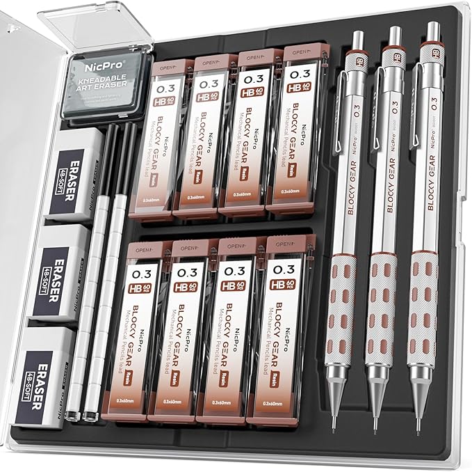Nicpro 3 Pack Blocky Gear 0.3 mm Metal Mechanical Pencils Set with Case