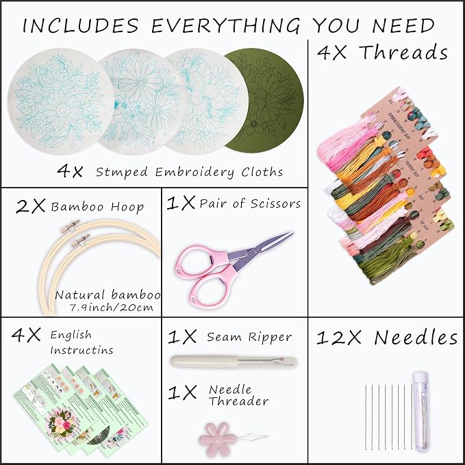 Bonroy 4 Sets Embroidery Set for Beginners, Art Craft, Easy Sewing Embroidery Kit Includes Embroidered Clothes with Patterns, Embroidery Hoops, Instruction Manual, Color Stitch Set (3)