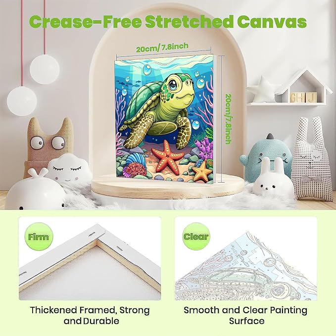 ajepon Sea Turtle Paint by Numbers Kit for Kids with Frame - Cute Tortoise Paint by Number for Kids, Kid Painting by Number Kits Age 8-12 for Home Wall Decor 8X8inch (with Wooden Easel)