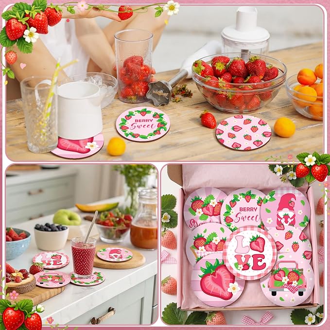 Reallnaive 8 Pcs Strawberry Paint by Numbers Kit for Adults Wooden Coasters | Mini Paint by Numbers, Tiny Pink Gnome Round Oil Painting Drink Coaster with Holder, for Small DIY Craft Birthday Gift