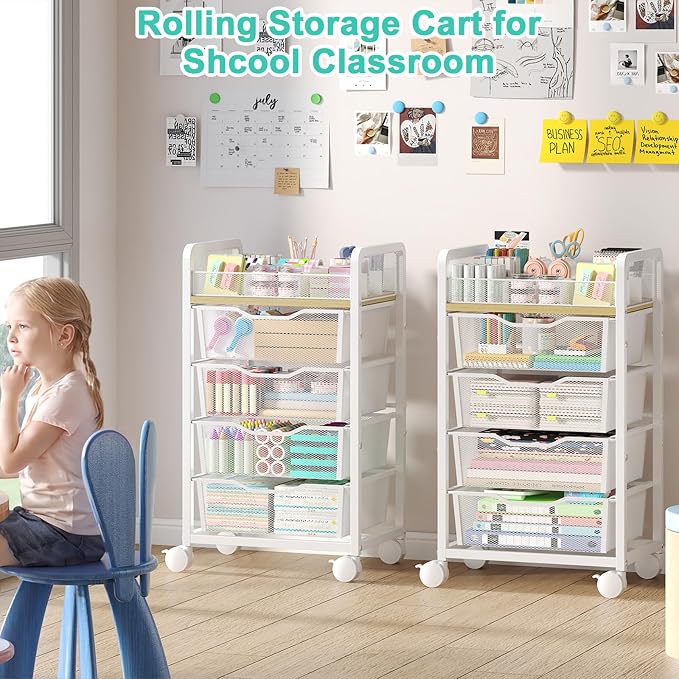 Hongtamoya Rolling Cart with 4 Drawers, Storage Cart with Dividers, White | Multifunctional Utility Cart, Storage Organizer with Lockable Wheels, Craft Art Trolley for Kitchen Office Classroom Bedroom