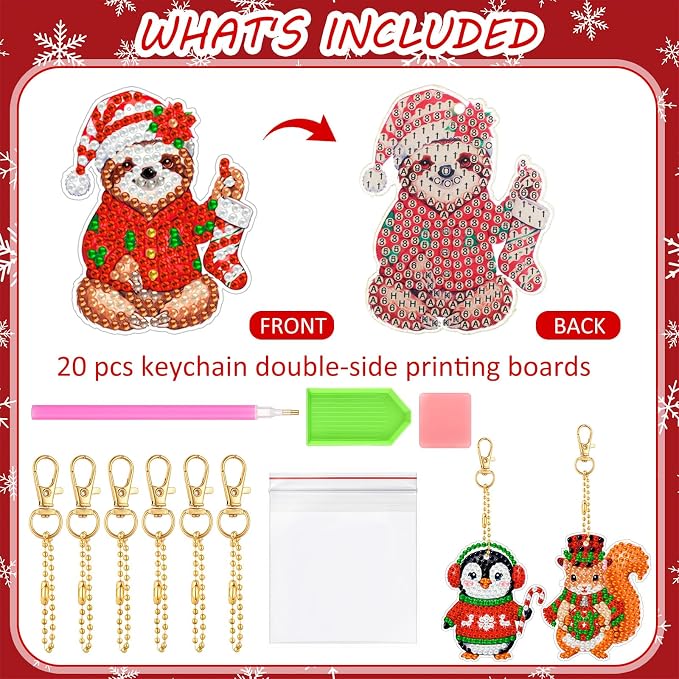 Tondiamo 20 Pcs Christmas Cute Animal Diamond Painting Keychains Kit, Xmas Cartoon Animal Ornaments DIY Diamond Art Key Pendant Set for Xmas Tree Decor Party Favors Gift