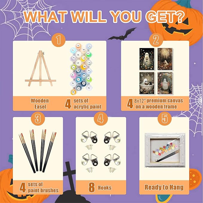 4 Pack Ghost Paint by Numbers for Adults with Framed Canvas - Wooden Easel | Halloween Paint by Number on Canvas, DIY Ghosts Acrylic Oil Painting Kits with Brushes for Home Wall Decor (8x12 inch)