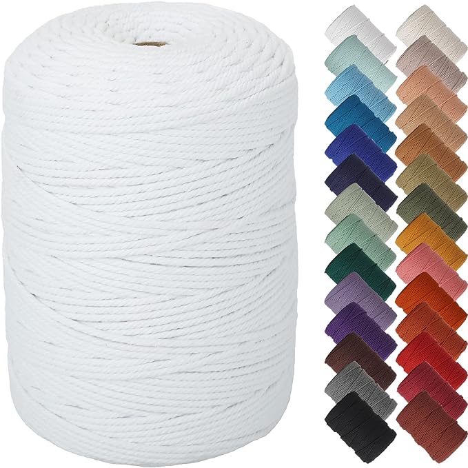 NOANTA White Macrame Cord 3mm x 328yards, Colored Cotton Rope Macrame Yarn | Macrame Rope Supplies, 3 Strand Twisted Cotton Yarn String, Cotton Cord for Wall Hanging, Plant Hangers, Crafts, Knitting