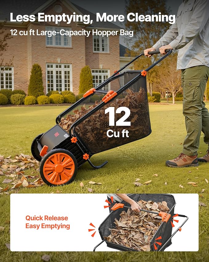 VEVOR Push Lawn Sweeper 30 in Leaf & Grass Collector 12 cu. ft. Hopper Bag