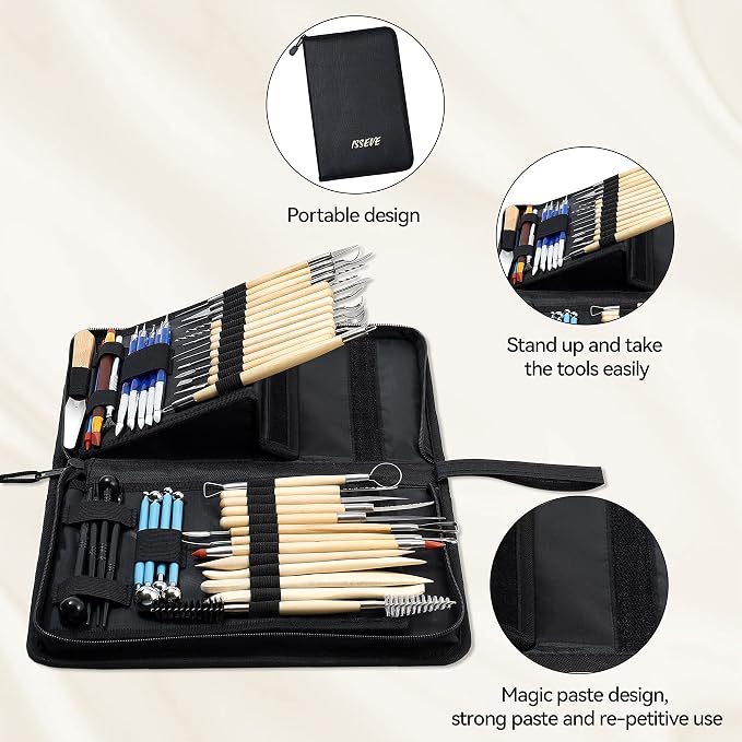 ISSEVE 43Pcs Pottery Clay Sculpting Tools Set with Stand-Up Organizer Bag