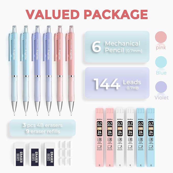 Nicpro Cute Mechanical Pencil, 0.7mm Pastel Pencils for School-6 Pack