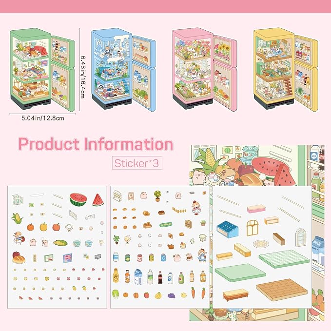 Girls 3D Miniature Scene Stickers,4 Sets Mini Refrigerator DIY House Stickers for Summer Stalls,Colorful World,Underwater World,Warm Home,3D Sticker Scenes for Adult Kids Relief Stress Pass The Time