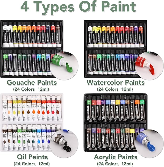 ESRICH 166 Pcs Deluxe Painting Set, Painting Supplies with 96 Paint | Metal and Beech Wood Easel, Oil, Watercolor & Acrylic Paint, Canvas, Paper Pads, 45 Paint Brushes for Adults, Kids, Artists