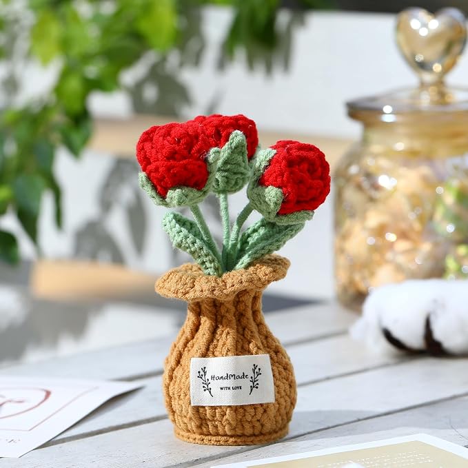 Crochet Rose Flower Potted Plant – Red, Valentines Day Gift for Her, Handmade Knitted Romantic Desk Decor